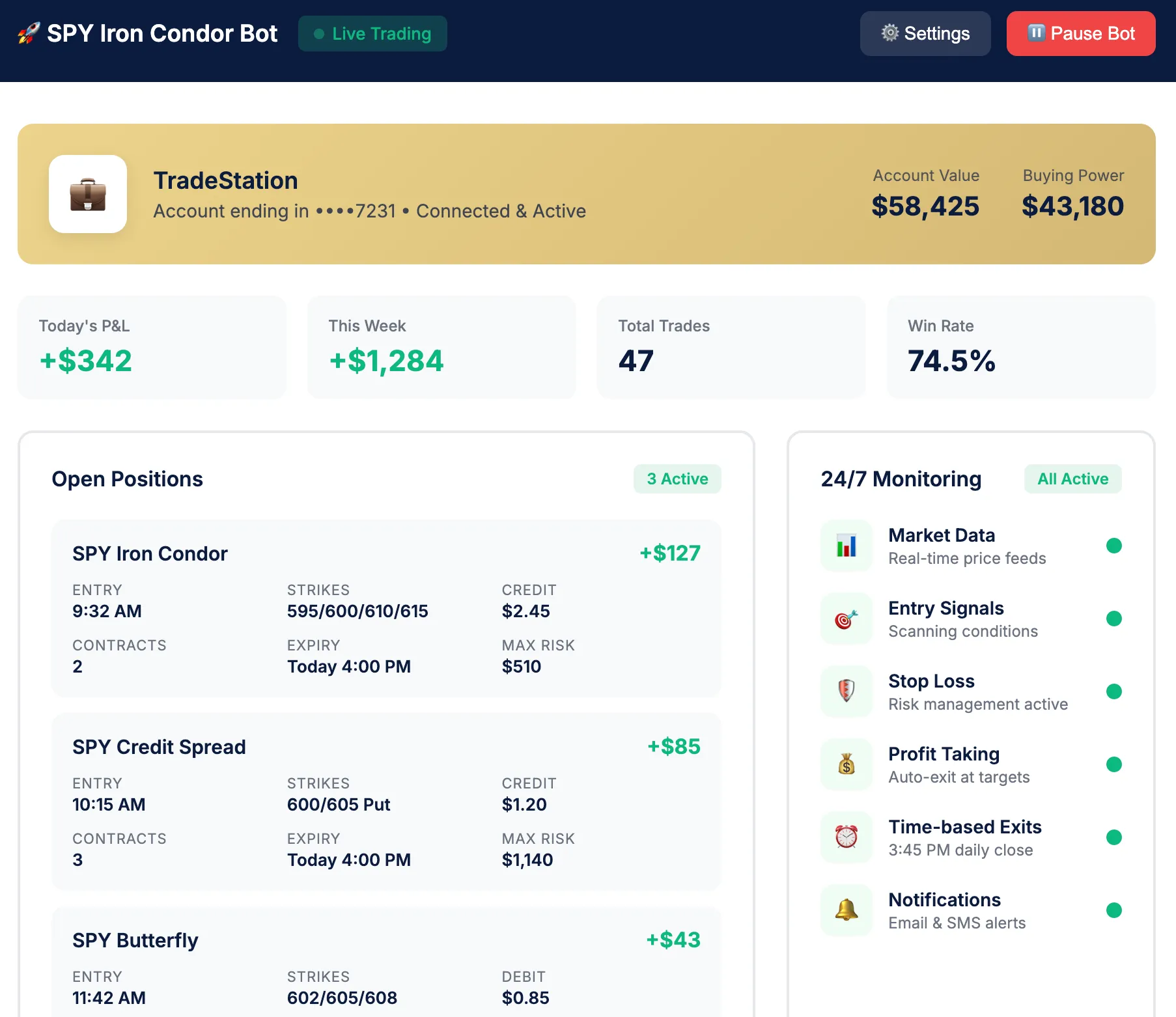Dashboard showing build a bot feature for options
