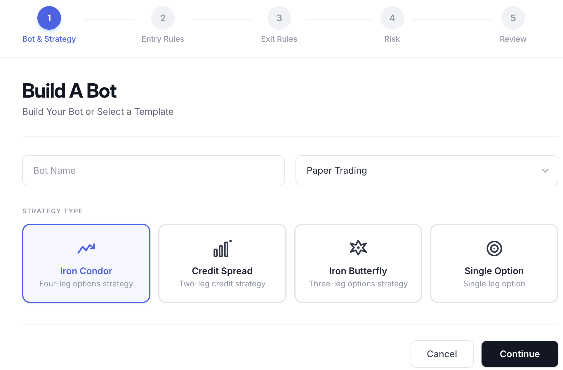 Dashboard showing build a bot feature for options