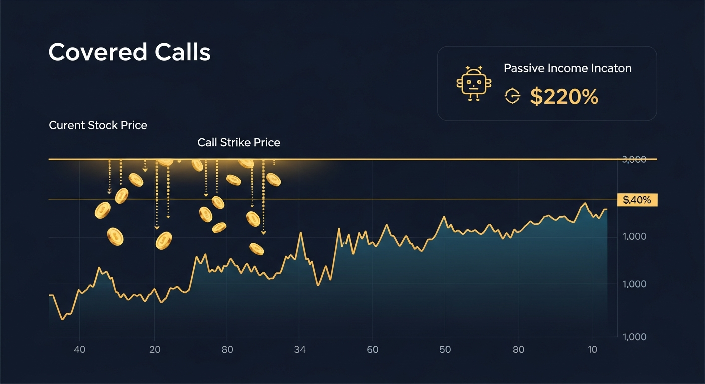 Covered call passive income automation dashboard — navy and gold fintech chart showing a stock price with a call strike ceiling and premium income flowing as a passive income stream