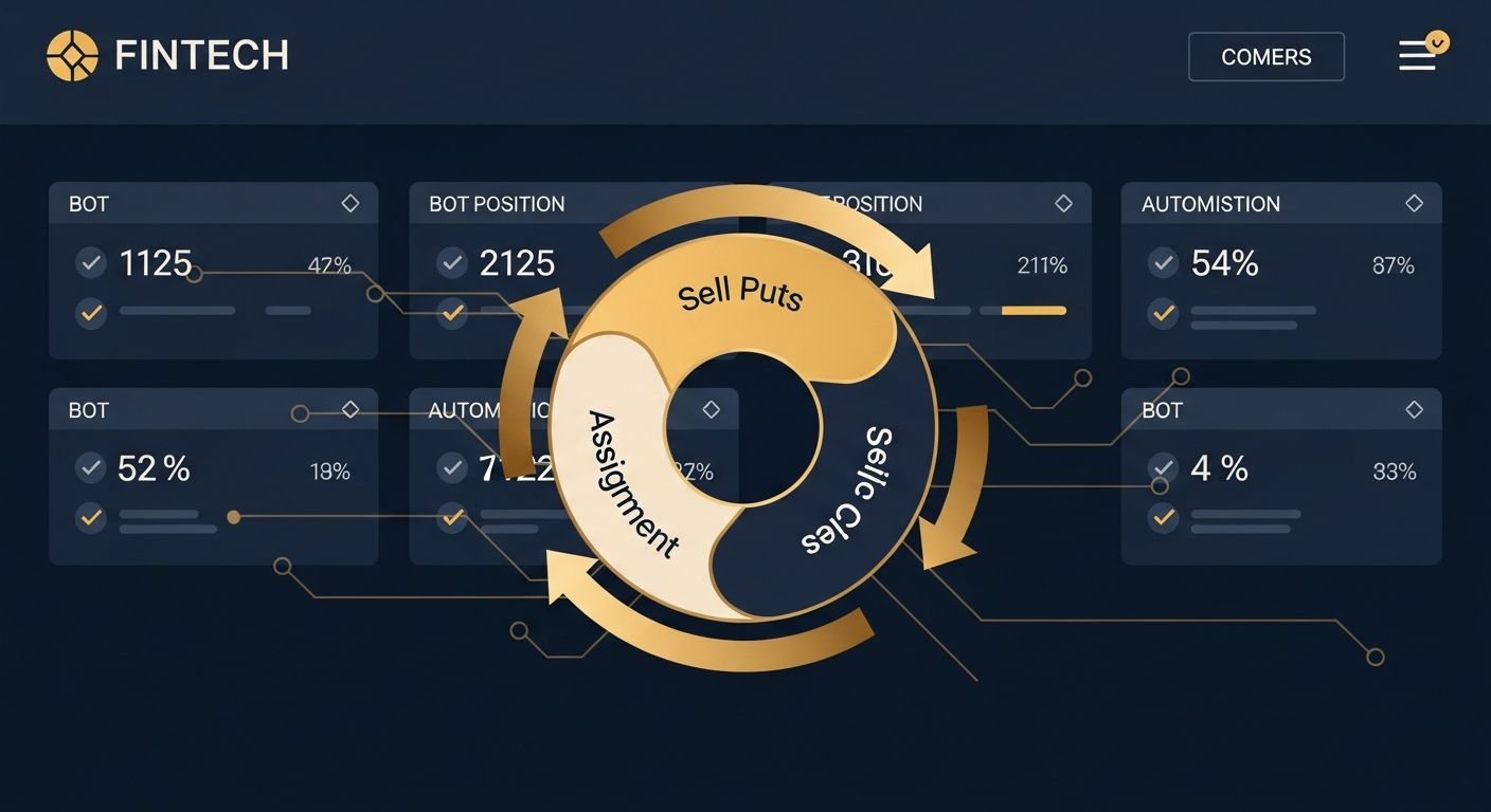 Illustration comparing automated Wheel strategy trading bots — a rotating wheel of cash-secured puts, assignment, and covered calls on a navy and gold fintech dashboard