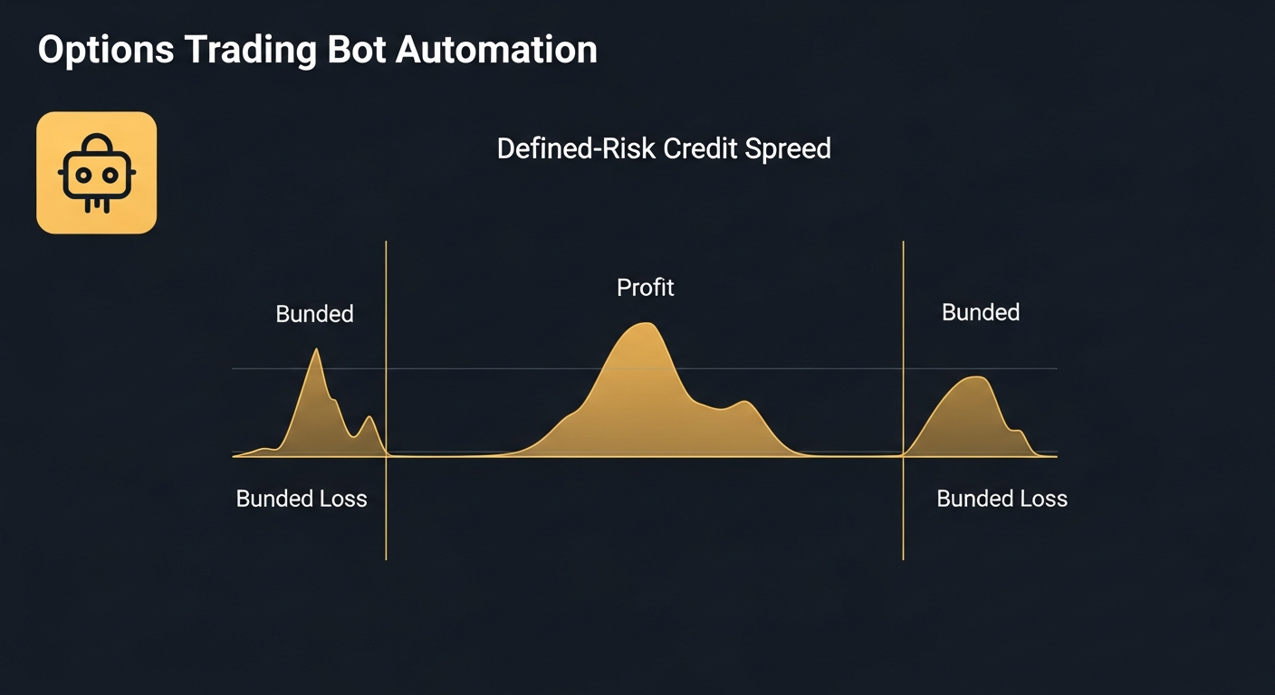 Automated credit spread trading bot dashboard — navy and gold fintech chart showing a defined-risk credit spread profit zone with bounded losses on both sides