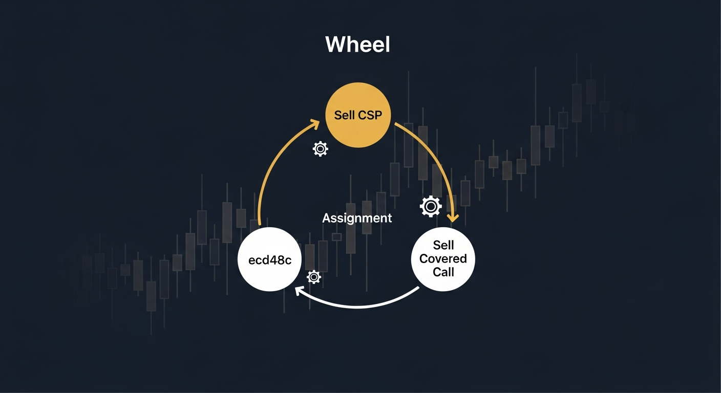 Illustration of the Wheel options strategy automation cycle — sell cash-secured put, assignment, sell covered call — shown as a rotating gold and navy fintech dashboard diagram