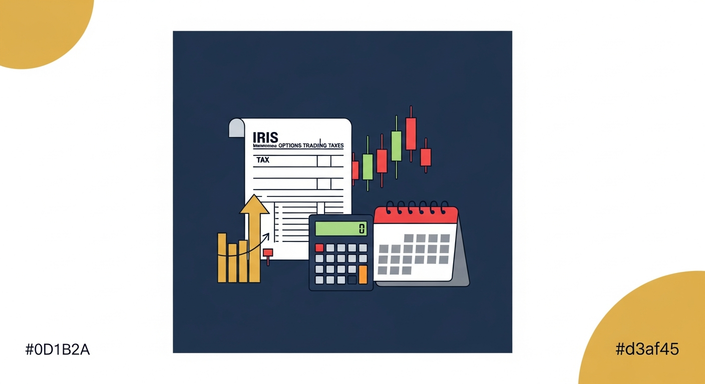 Illustration of options trading tax documents, including a tax form, calculator, and stock price chart with a gold accent