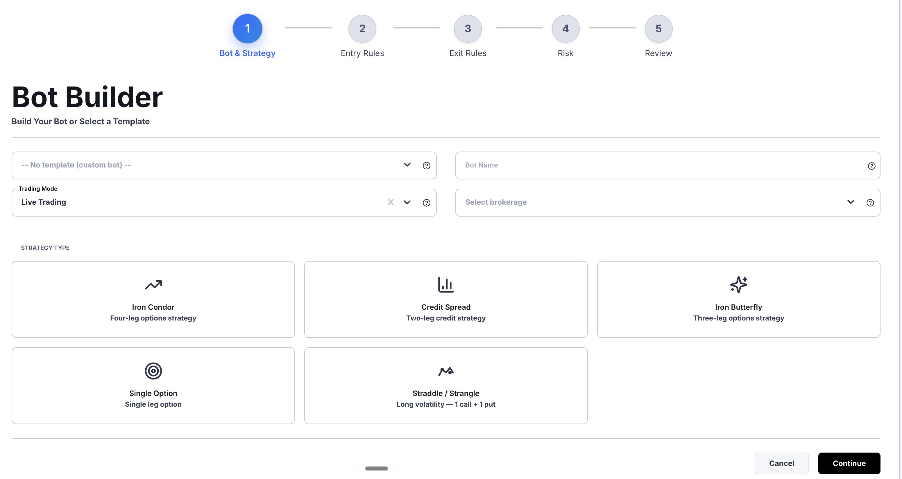 Pick a strategy and symbol in the OptionBots builder