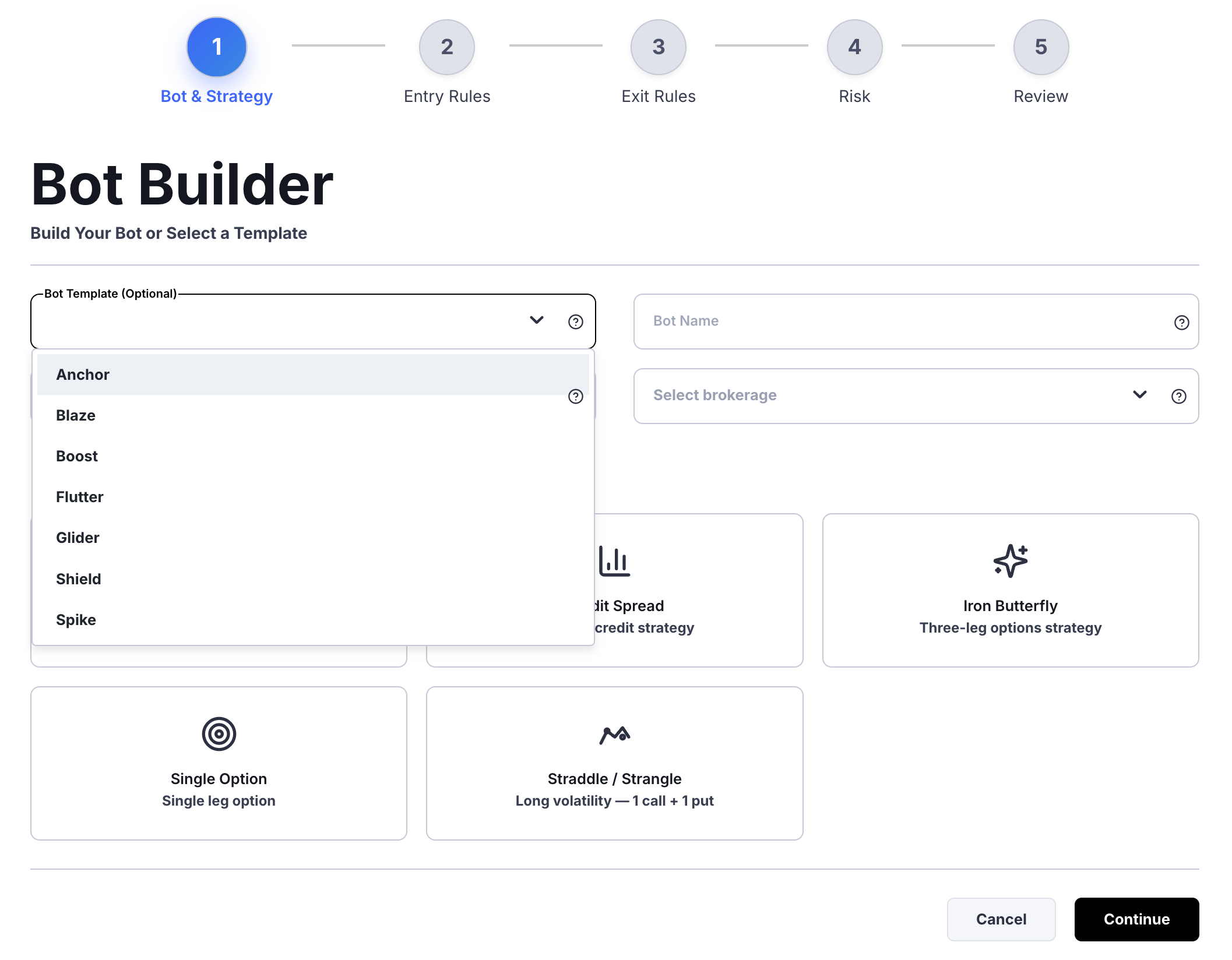 Selecting a pre-built bot template inside the OptionBots bot builder
